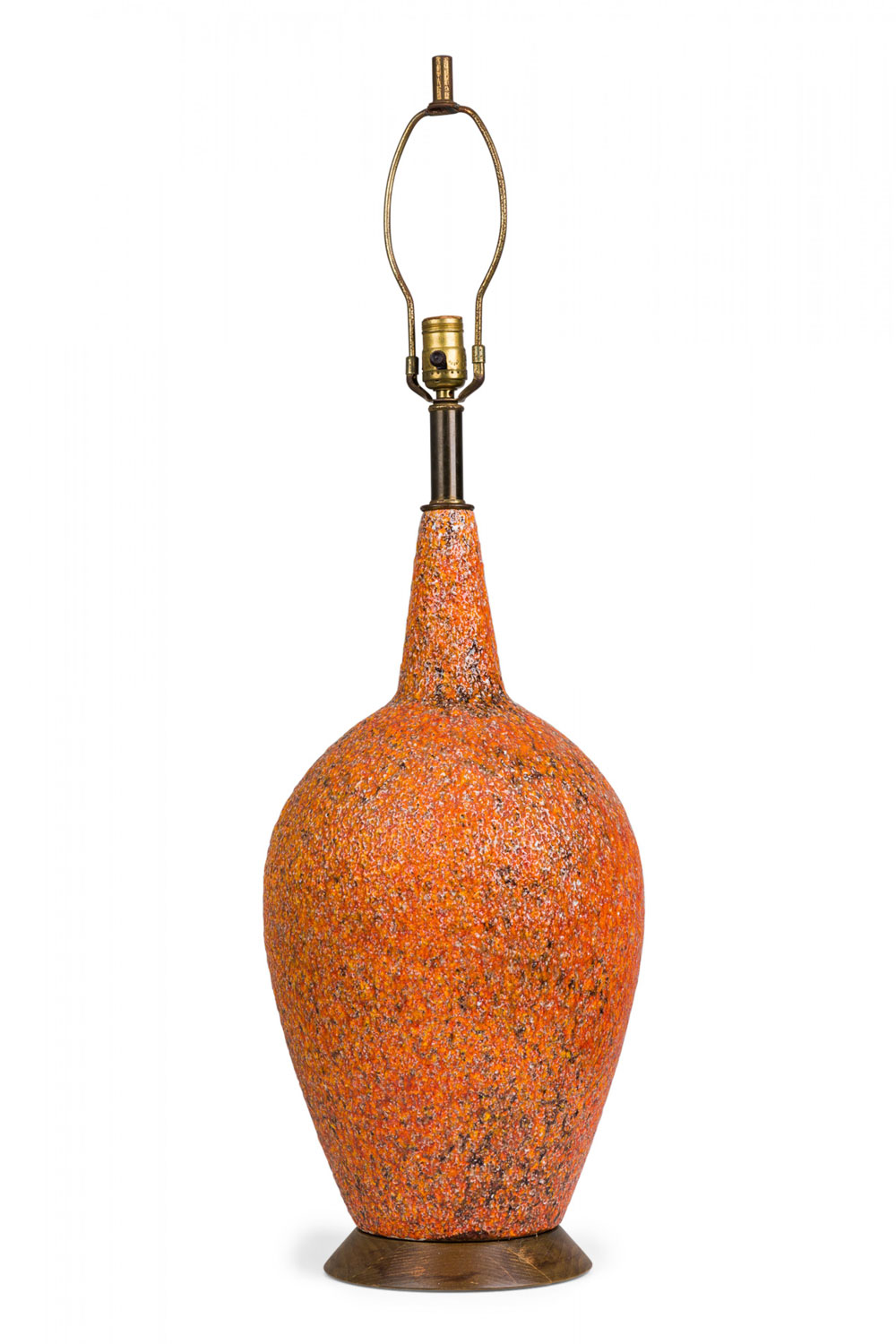 Pair of mid century american ceramic orange lava glazed table lamps on wood bases