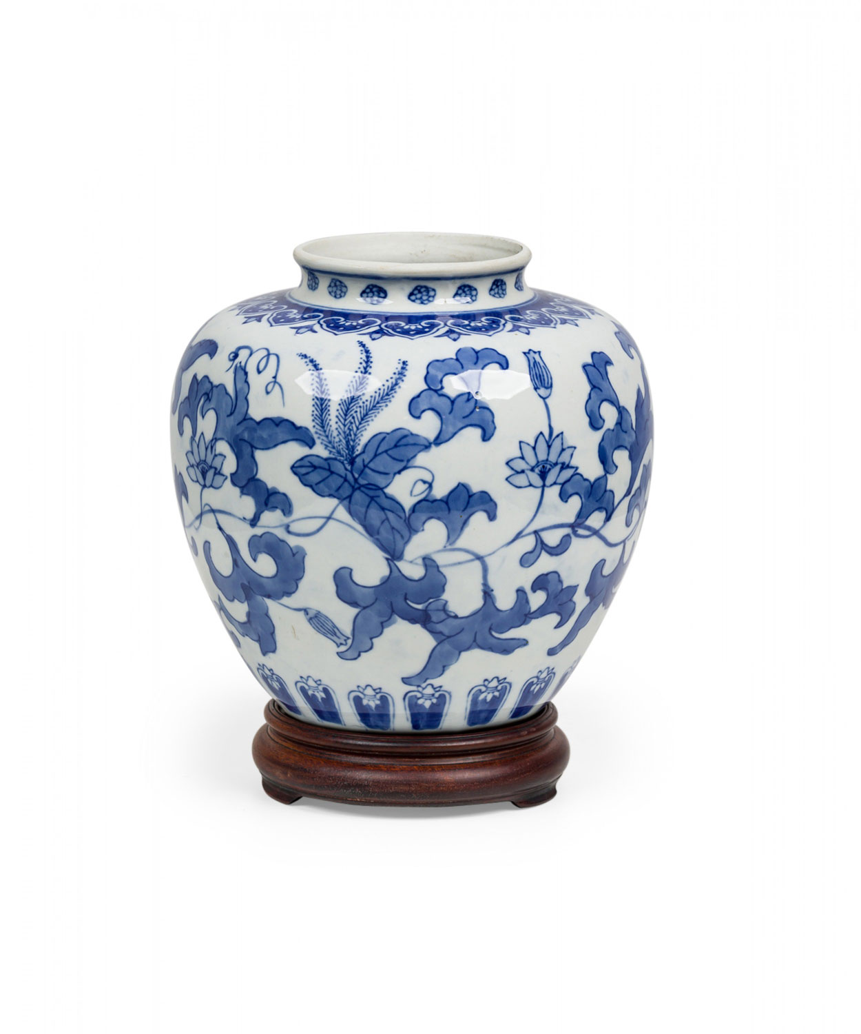 Chinese mid century porcelain blue white floral ginger jar on carved wood stand