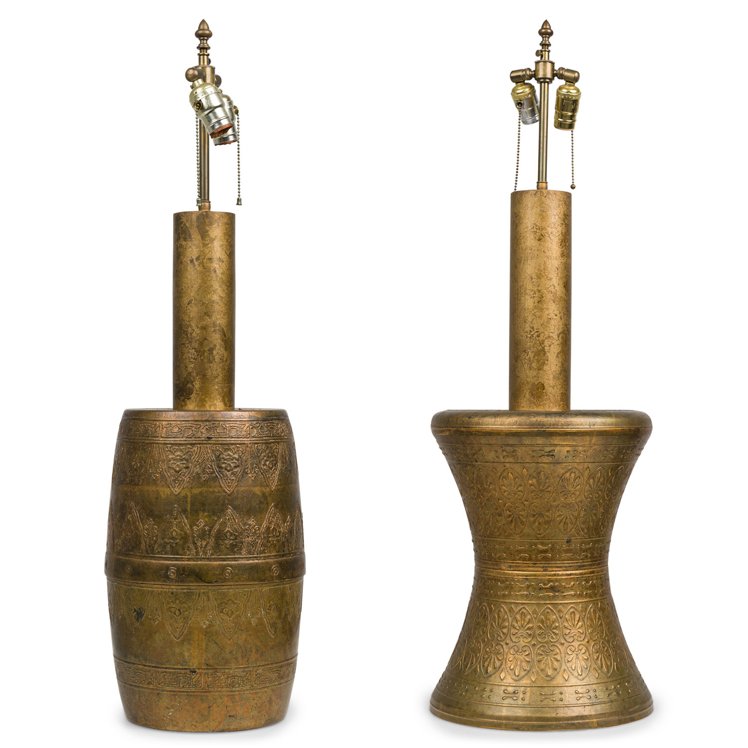 Pair of similar harvey probber mid century american gilt metal moroccan style drum table lamps