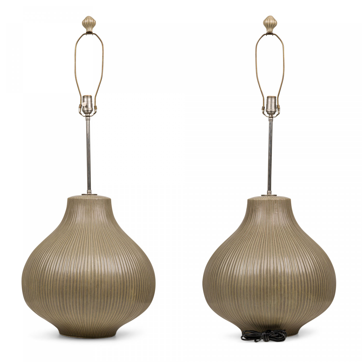 Pair of mid century american ceramic ribbed gourd large green table lamps 