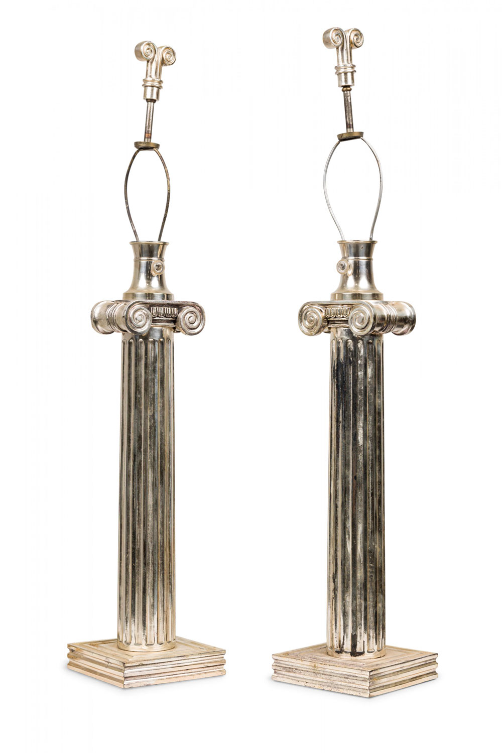 Pair of mid century american silver plate ionic order column table lamps