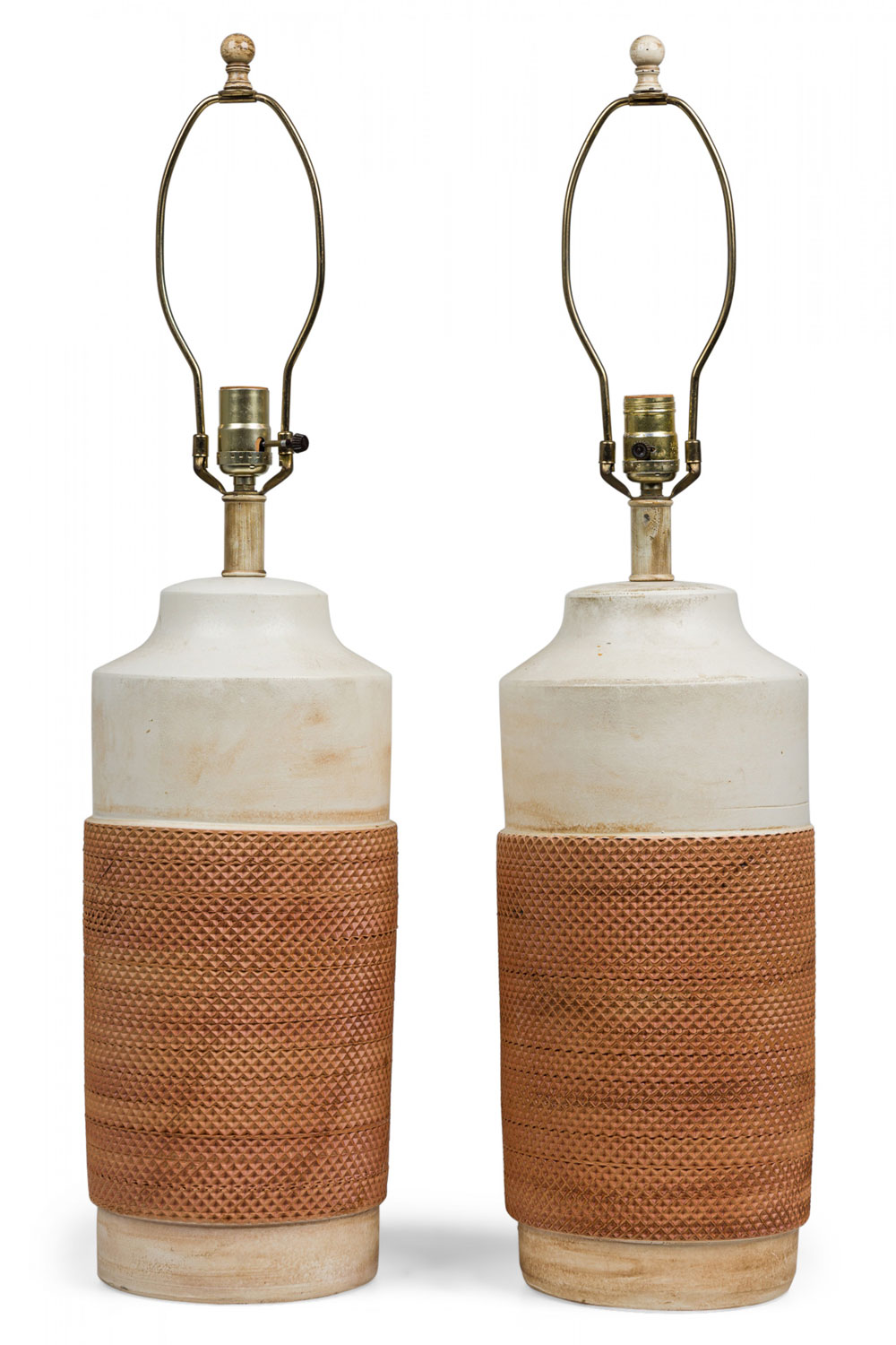 Pair of mid century american ceramic terra cotta roll table lamps