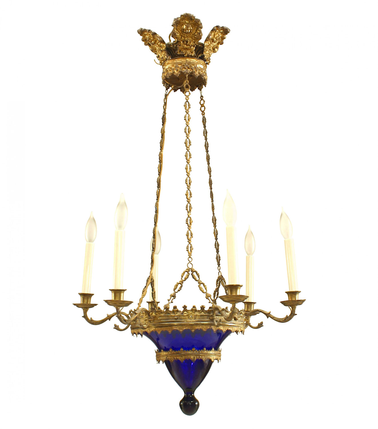Continental baltic gilt bronze and blue glass chandeliers