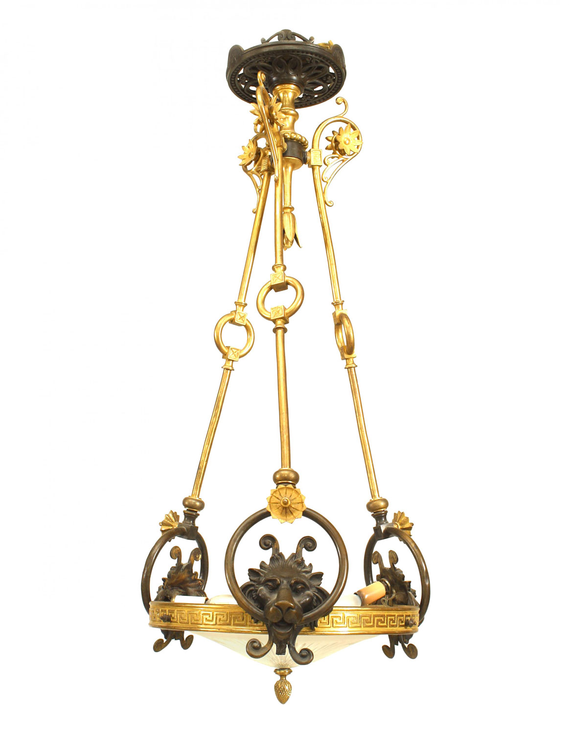 English Regency Glass and Bronze Lion Pendant Chandelier