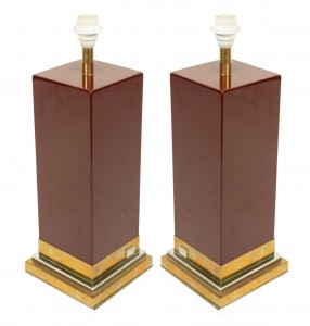 French post war mahey maroon lacquer table lamps
