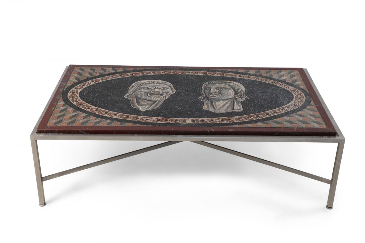 Italian Neo Classic Mosaic Roman Face Design and Chrome Base Coffee Table