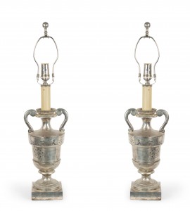 American mid century silver plate urn table lamps