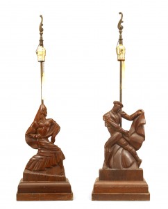 American mid century heifetz figural mahogany table lamps