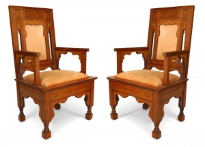 Moorish walnut and suede arm chairs 1