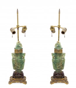 Pair of chinese jade colored hardstone lamps