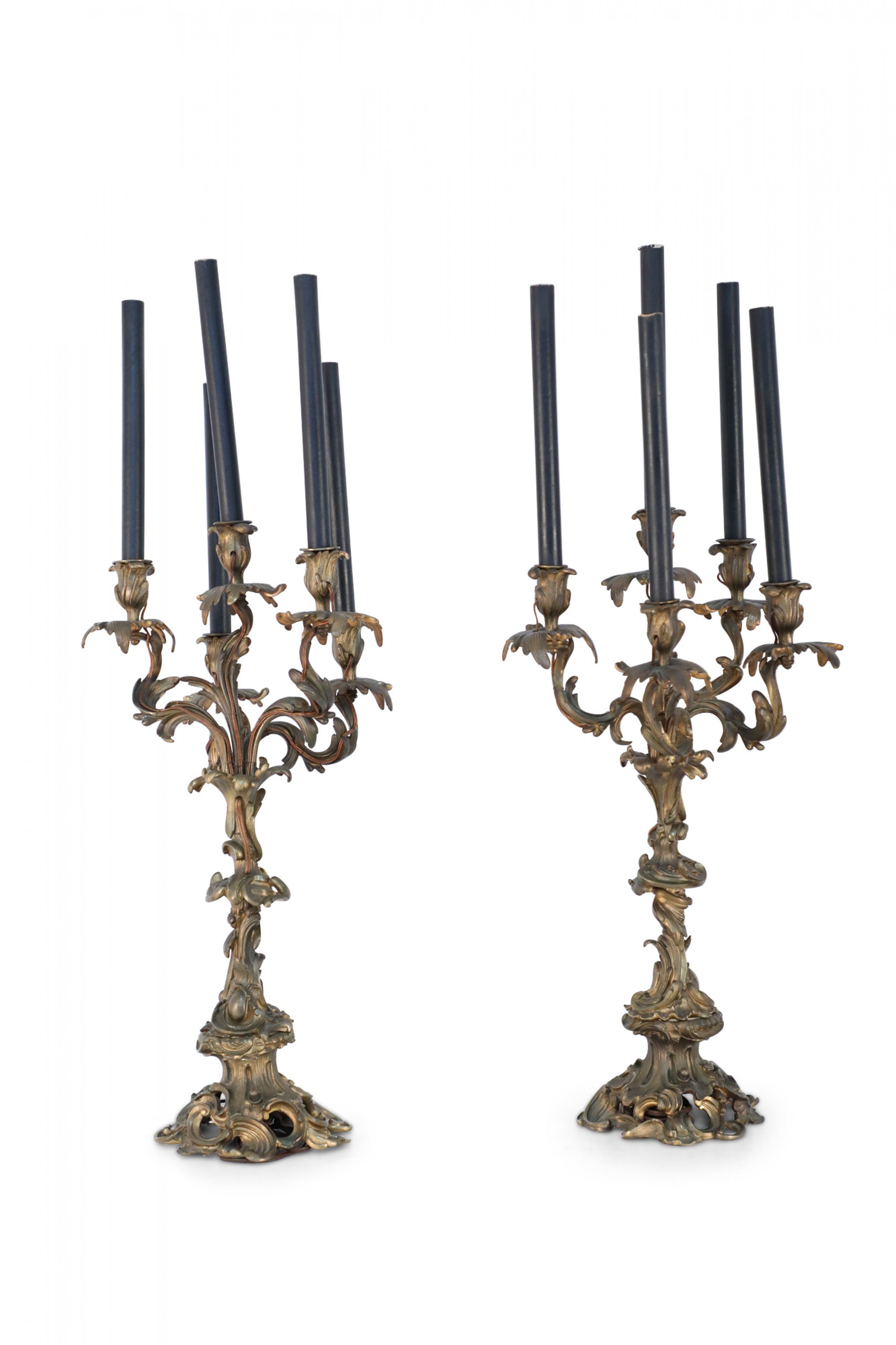 Pair of Louis XV Style Bronze 5 Arm Electrified Black Candle Candelabras