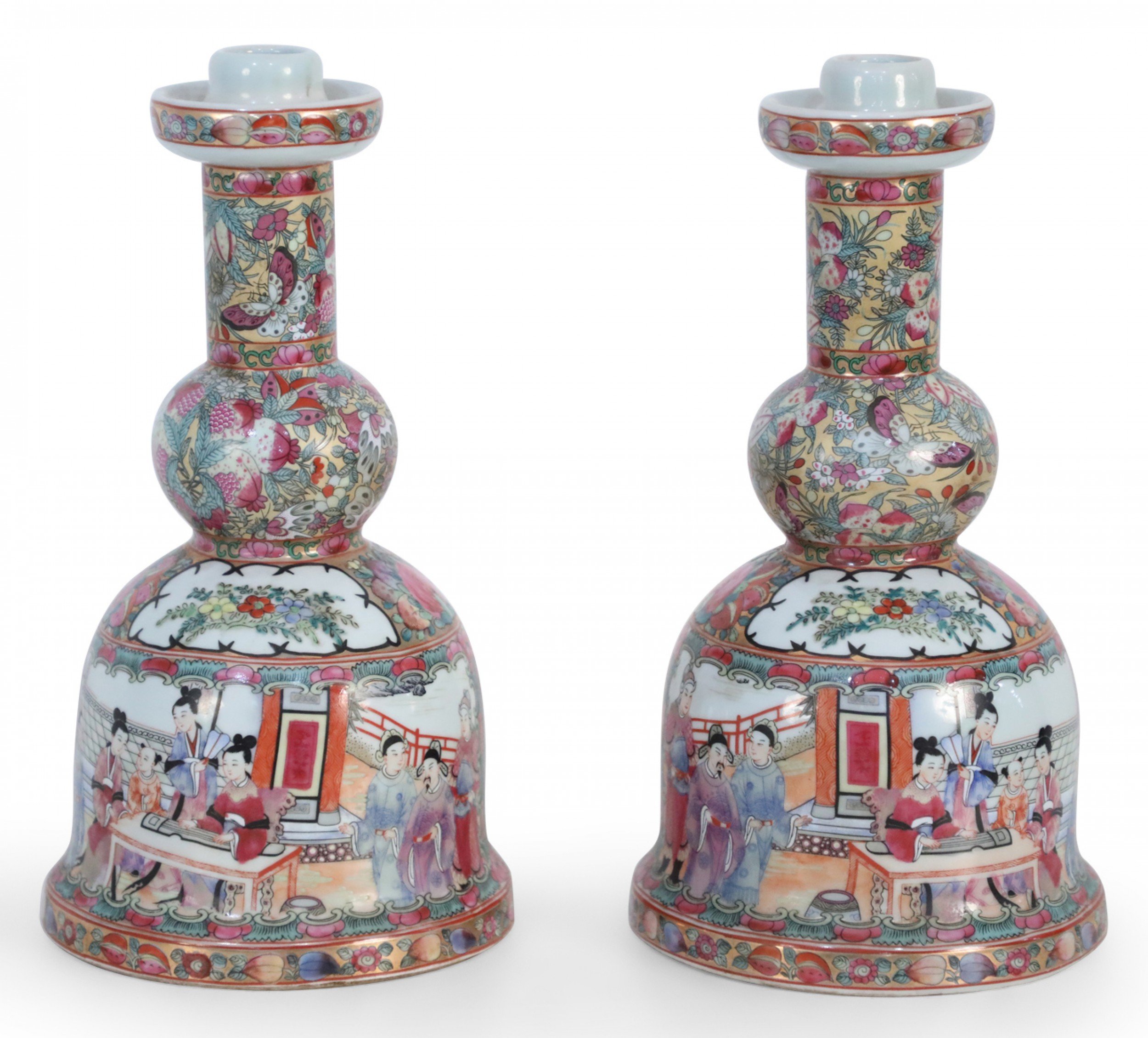 Pair of Chinese Rose Medallion and Genre Scene Candle Holders