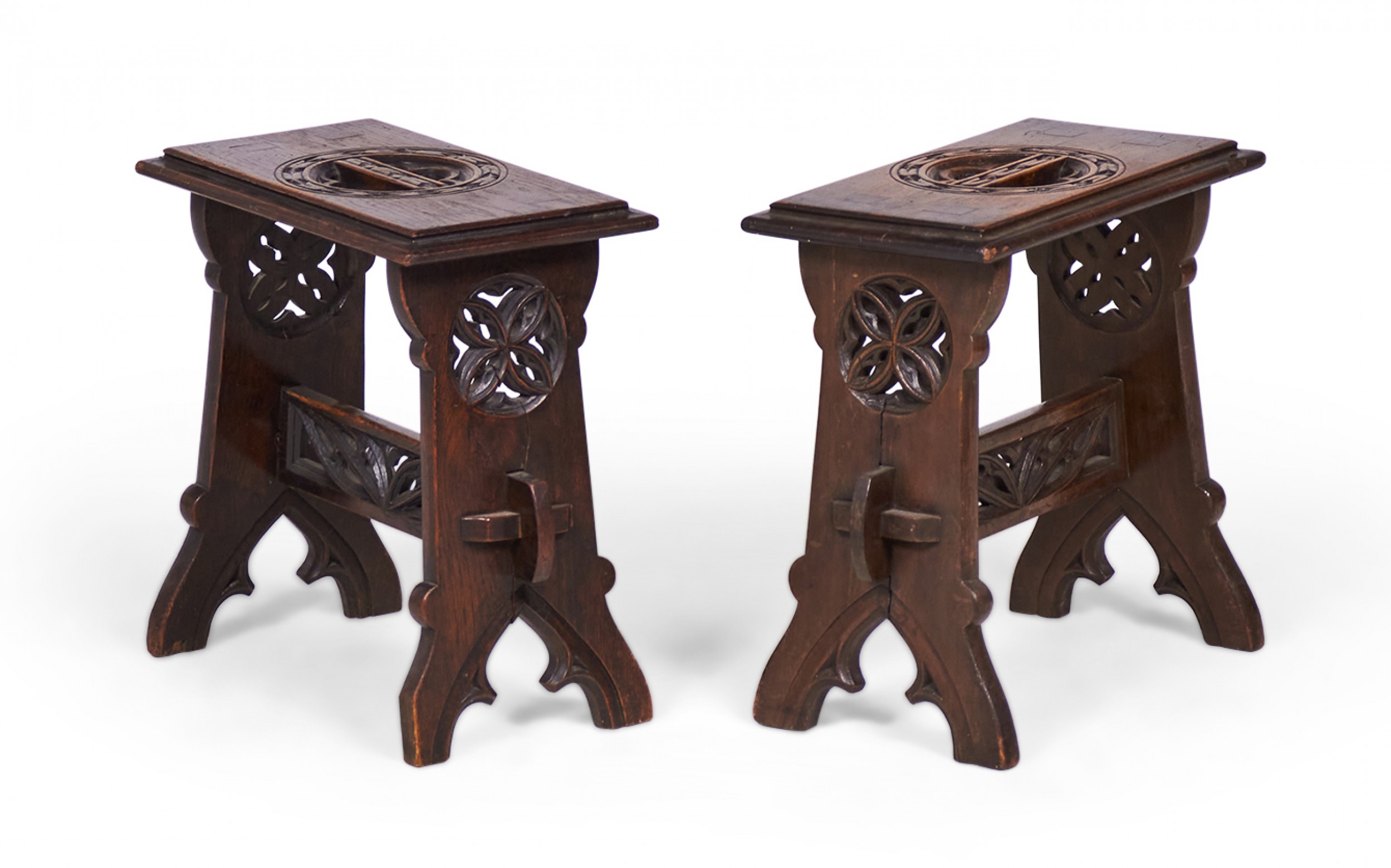 Pair of English Gothic Style Carved Rectangular Mahogany Benches