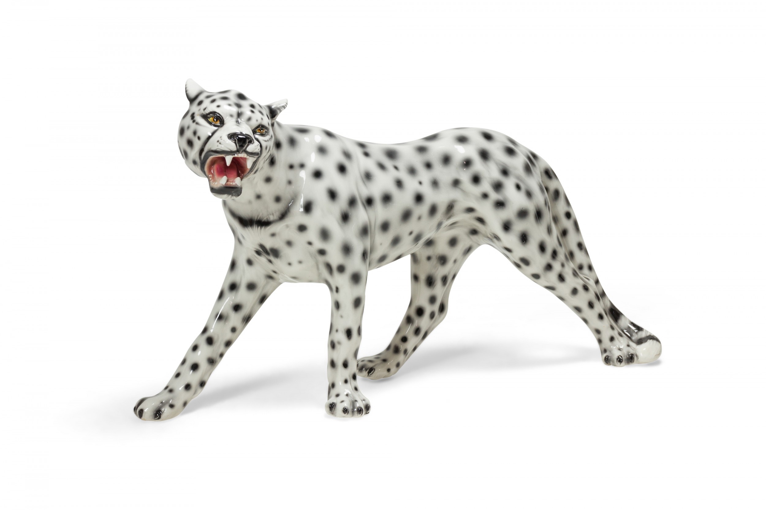 Italian Mid Century Glazed Porcelain Striding Snow Leopard manner of Capodimonte