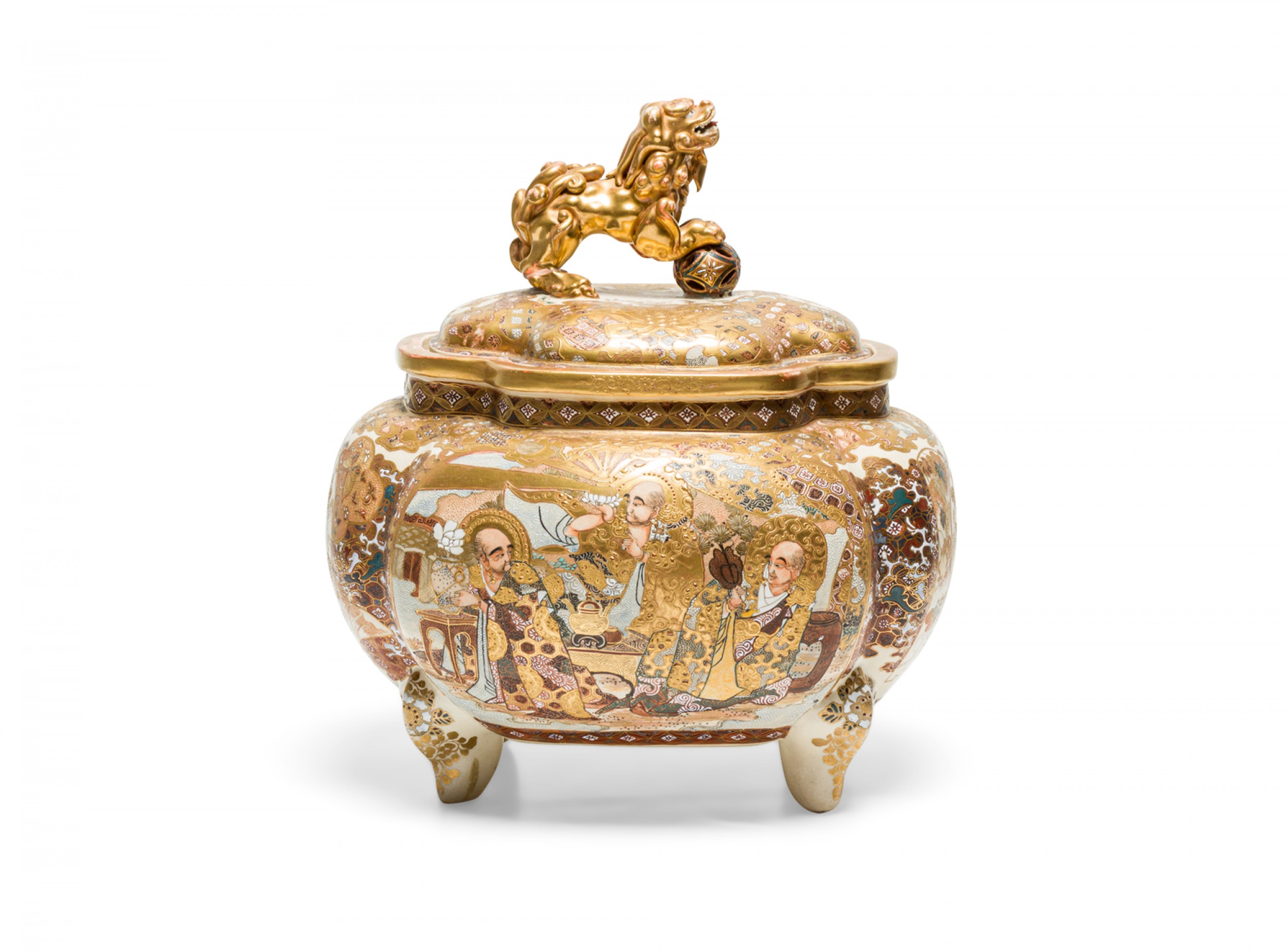 Antique Chinese Porcelain and Eglomise Gold Scenic Lidded and Footed Box