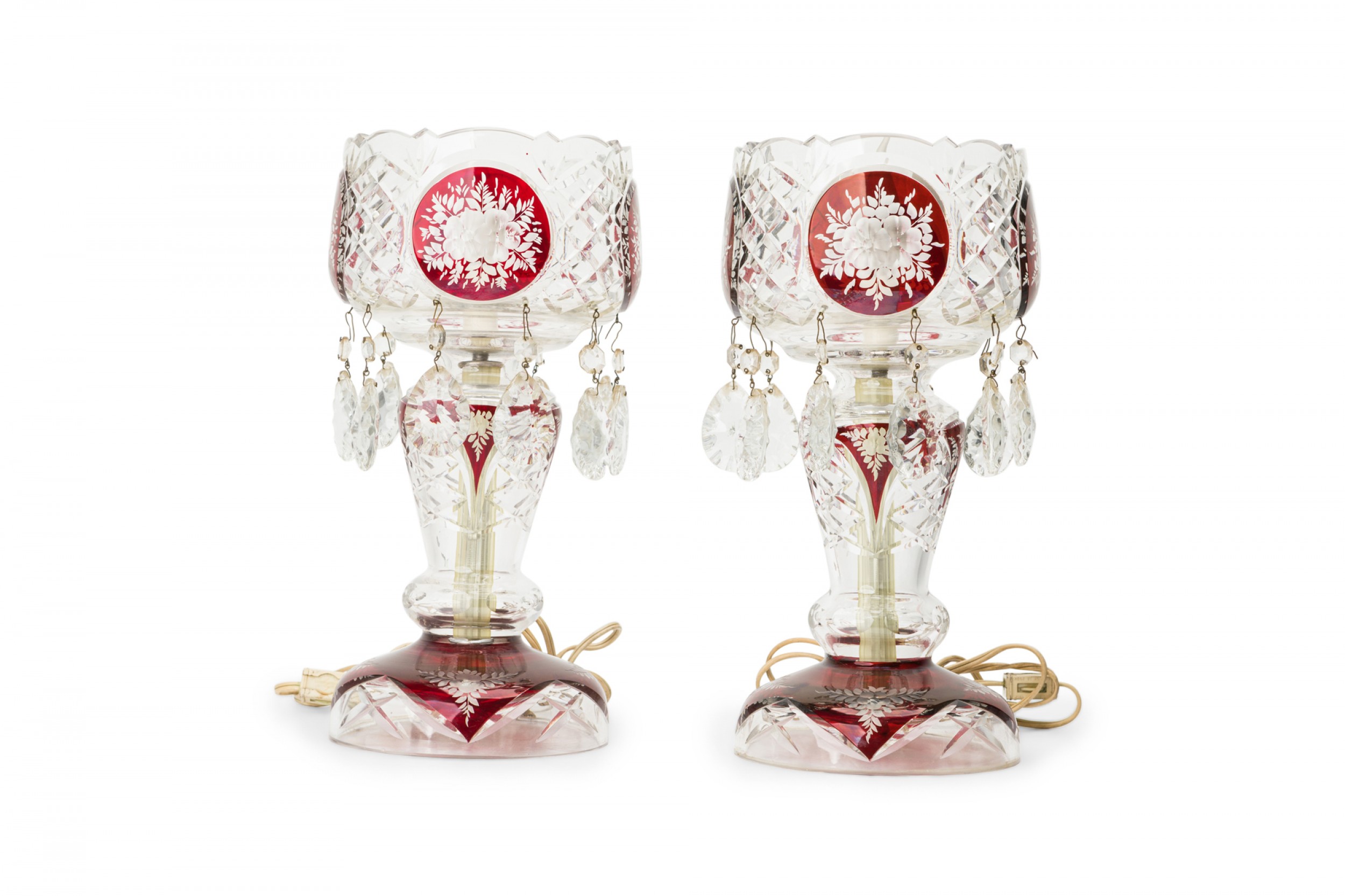 Pair of American Victorian Style Red and Clear Cut Crystal and Glass Table Lamps
