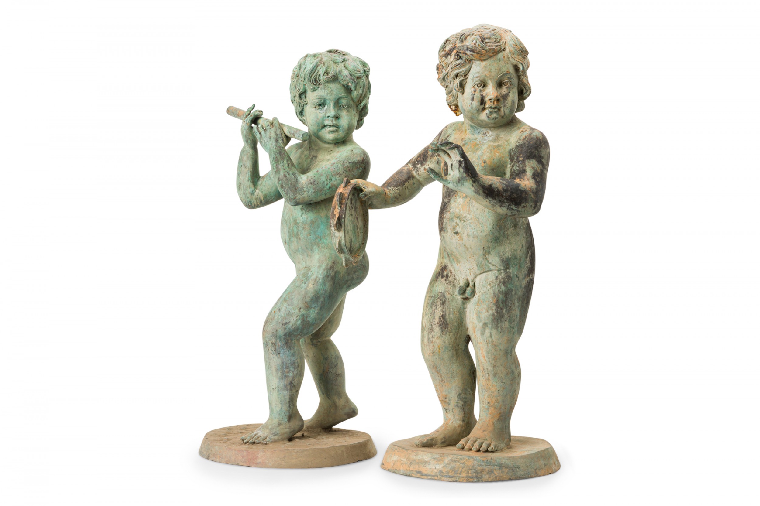 Pair of Outdoor Neo Classical Natural Patina Iron Flute and Tambourine Playing Putti Statues