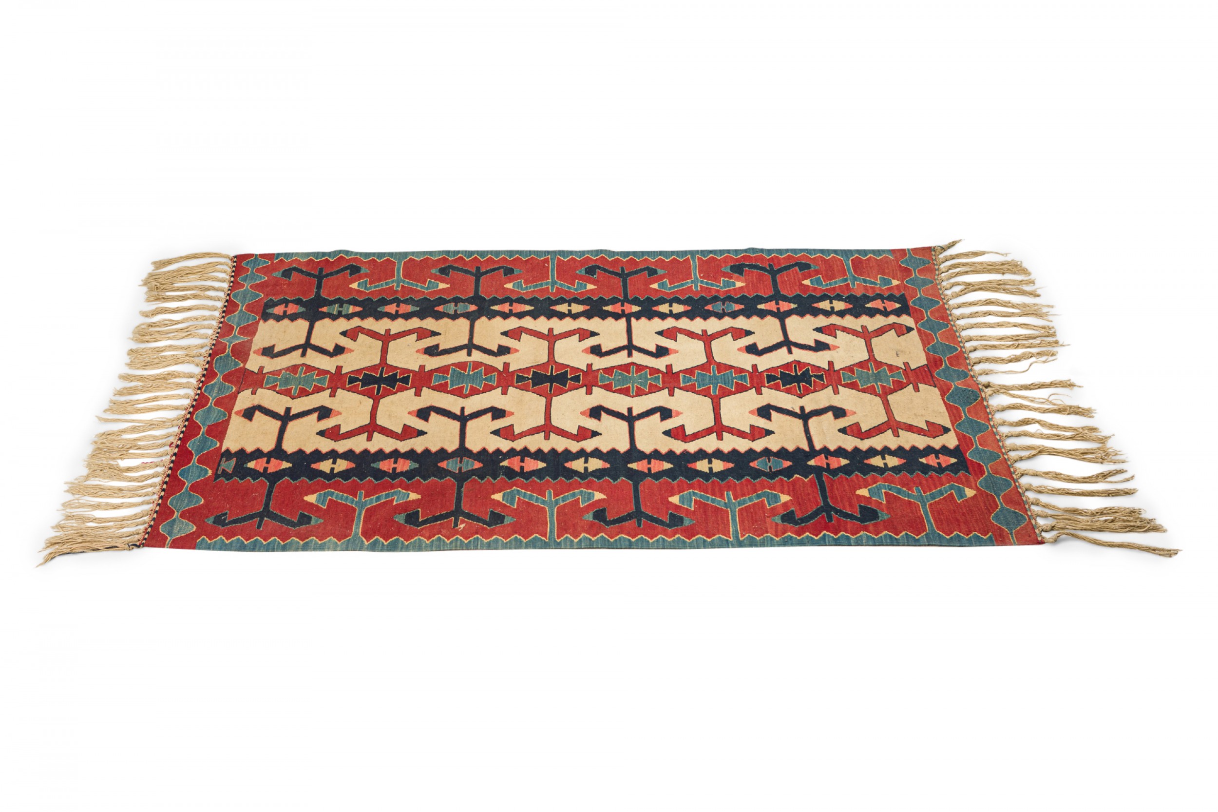 Indigenous American Woven Patterned Red Blue and Beige Rectangular Fringed Rug