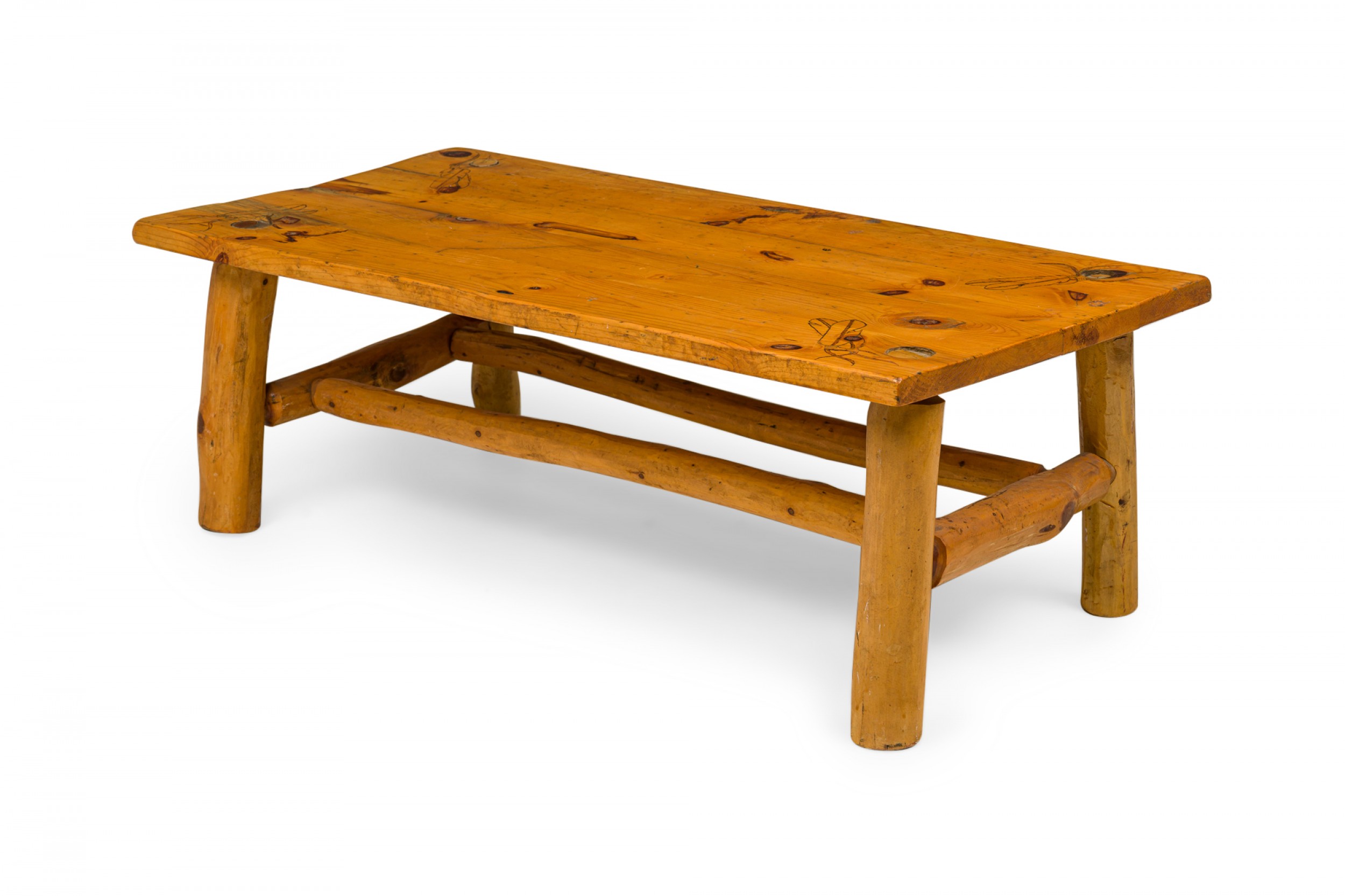 Rustic pine wood carved feather design rectangular coffee table