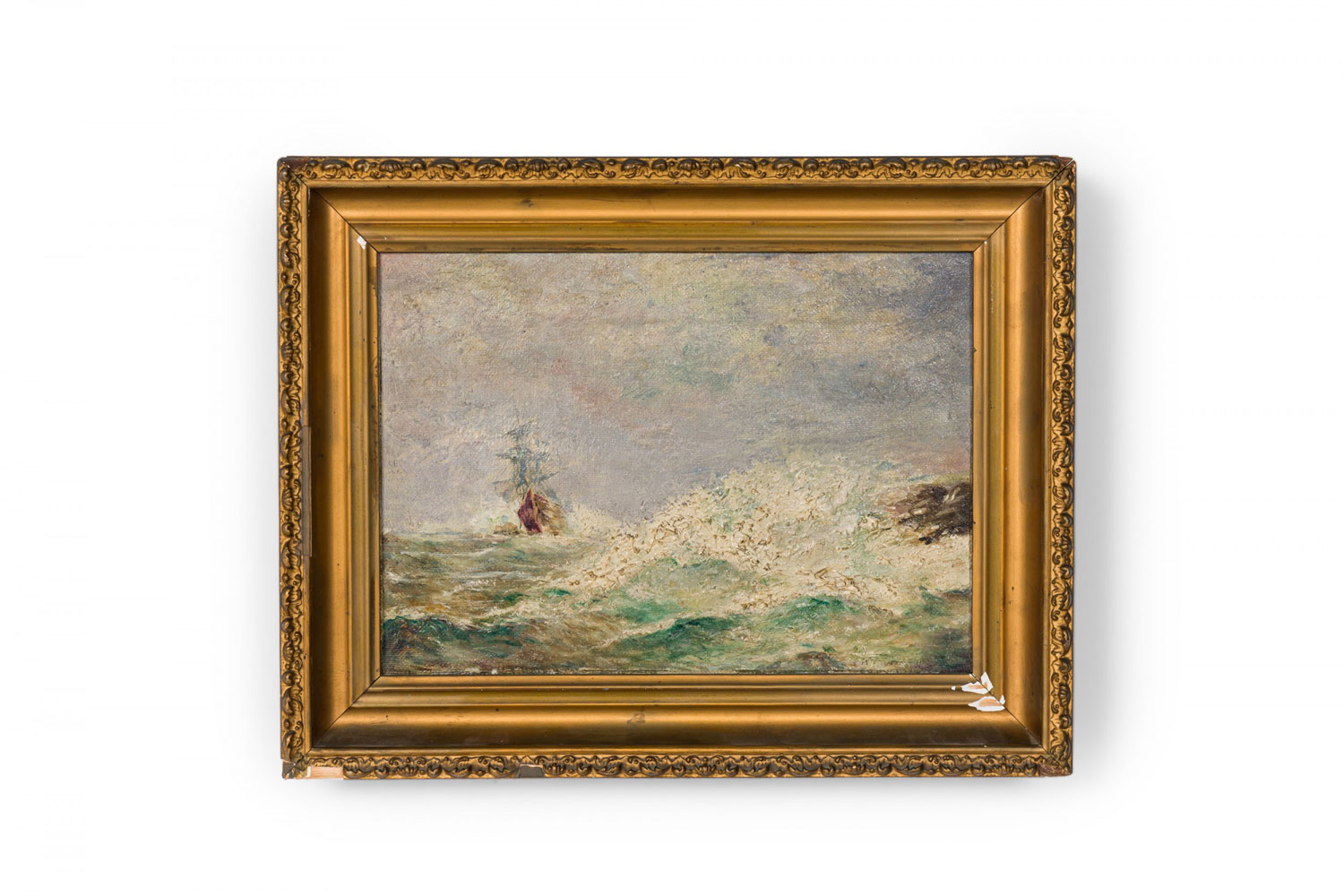 Vintage american small shipwreck at sea oil painting in a giltwood frame