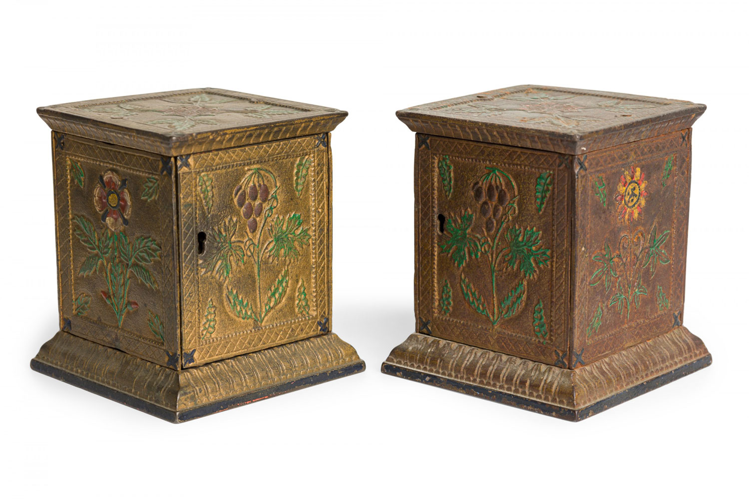 American country antique cast metal floral design rectangular coin banks