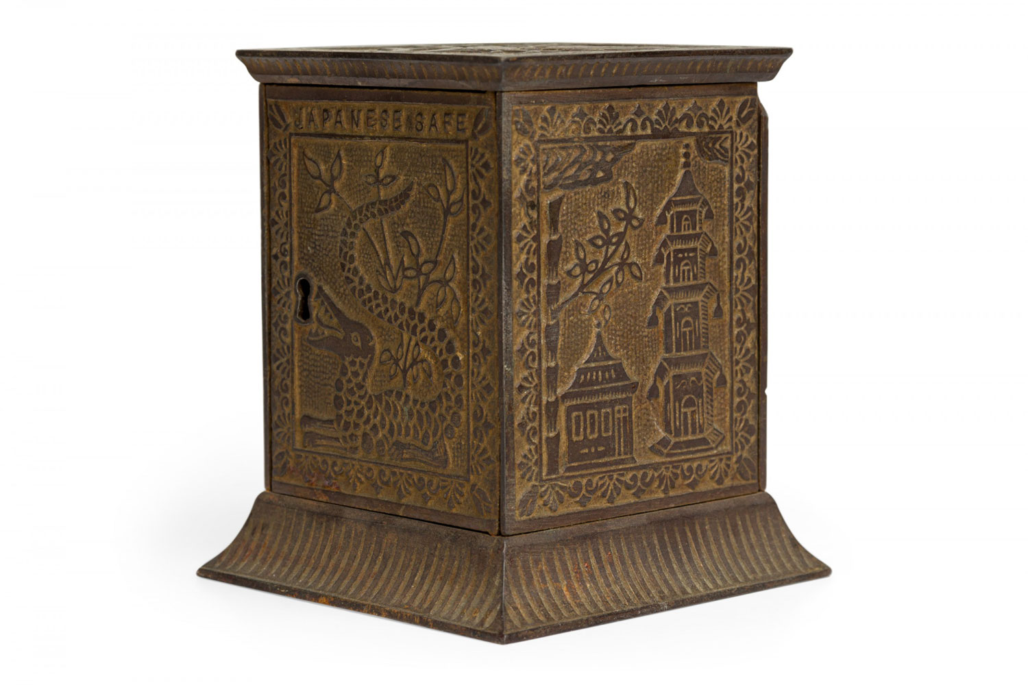 American country antique cast metal japanese motif rectangular coin bank