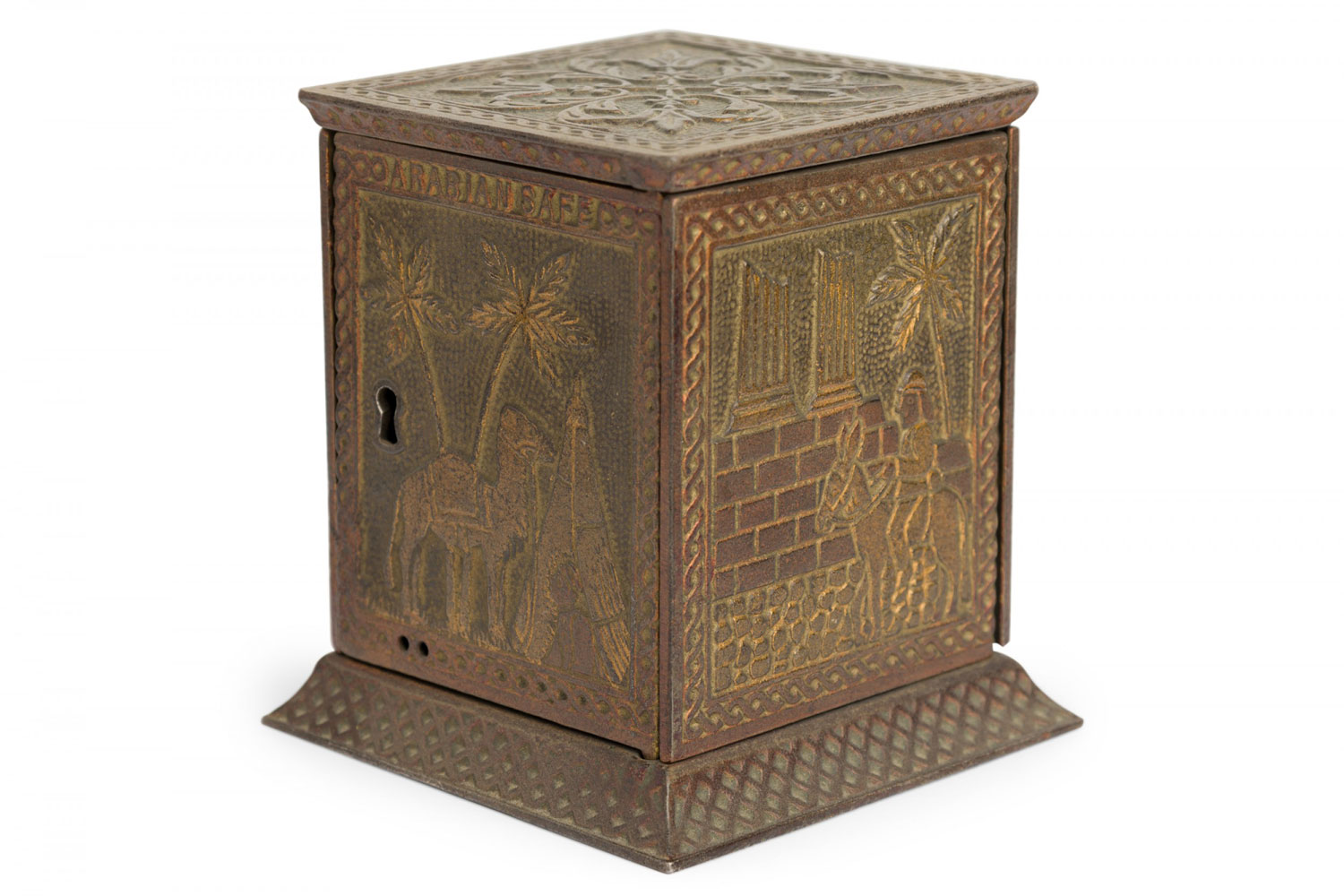 American country antique cast metal arabian motif rectangular coin bank
