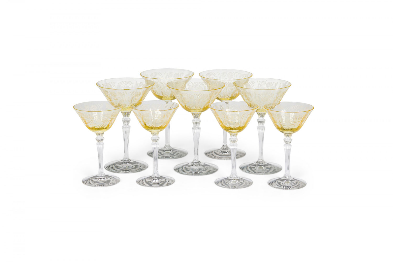 Set of 9 art deco american topaz floral etched glass waterfall stem champagne and cordial glasses