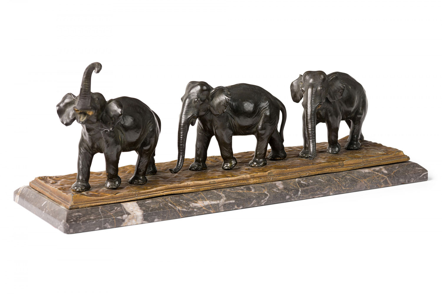 Art deco style american cast metal and marble sculpture of three marching elephants