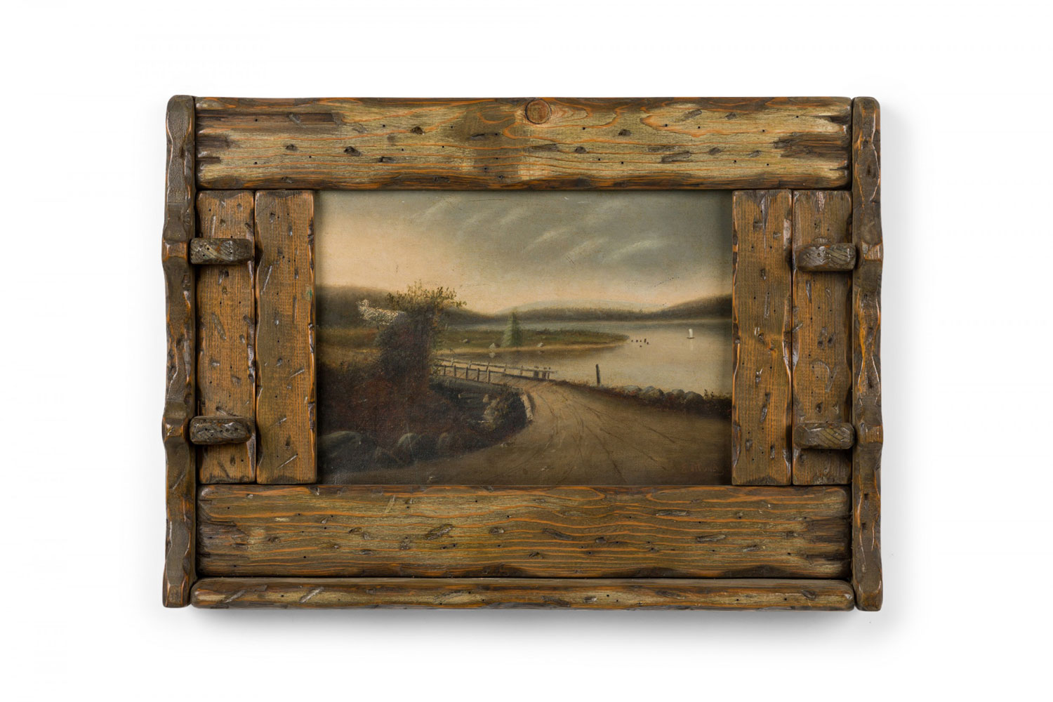 Rustic adirondack landscape oil painting in a hewn wood frame