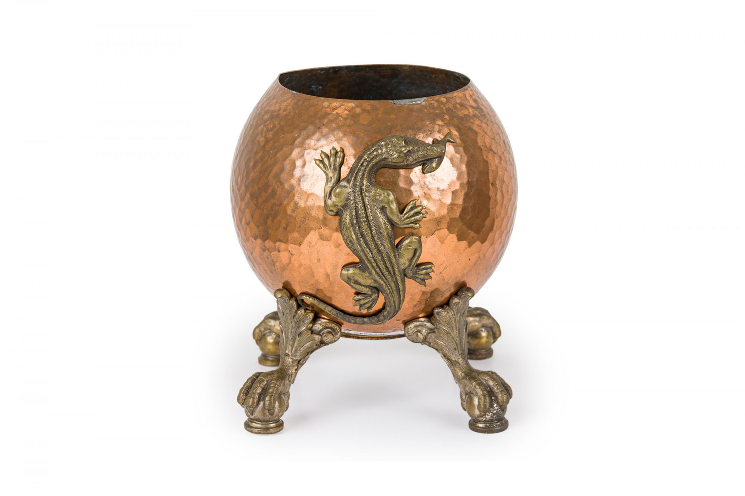 Japanese style hammered copper and bronze alligator motif claw ball footed cachepot planter