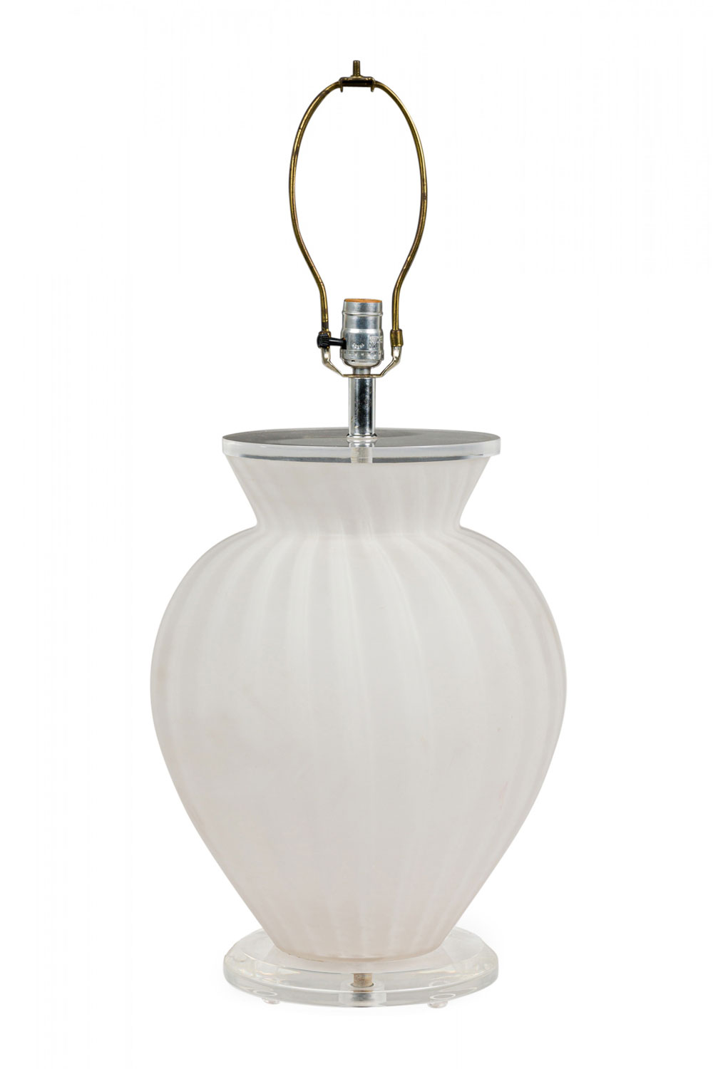 Pair of mid century american white frosted and striped footed glass table lamps