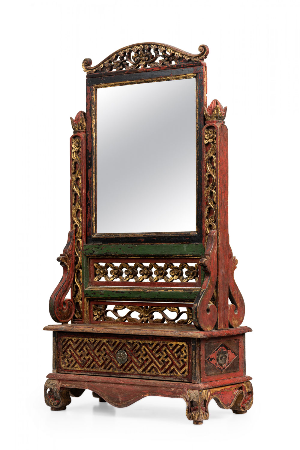 Chinese carved painted wood dressing table vanity mirror with gilt highlights