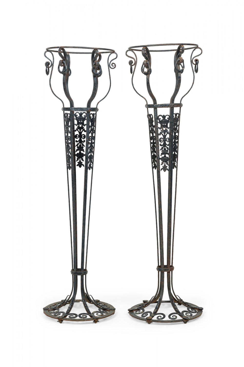 Pair of american victoria style wrought iron outdoor planters flower stands