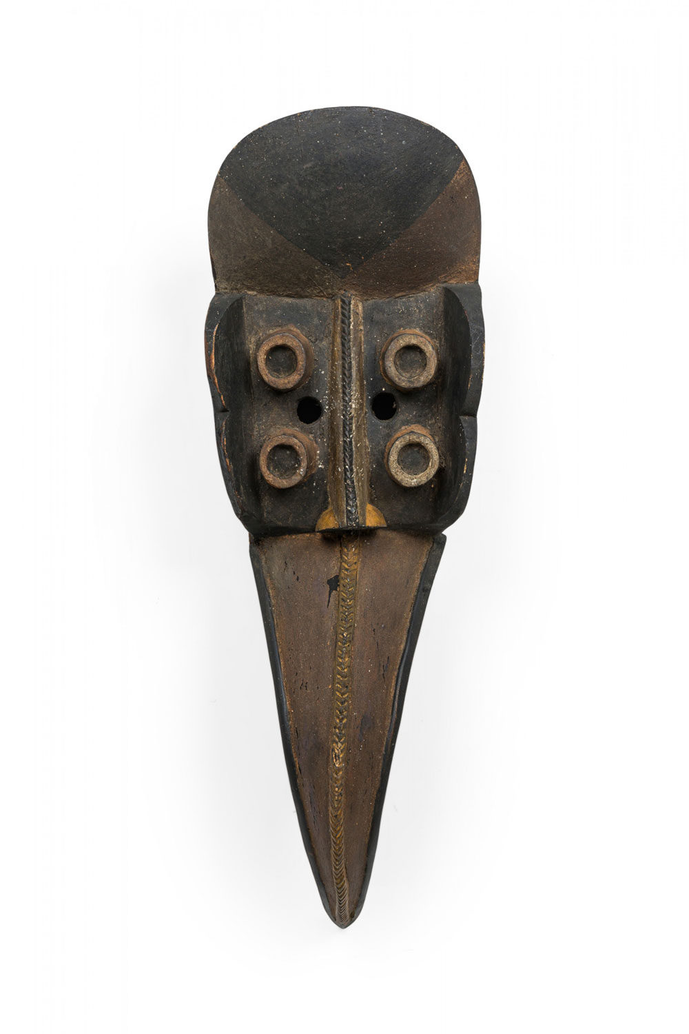 Hand carved and painted wood mask wall plaque in bird form