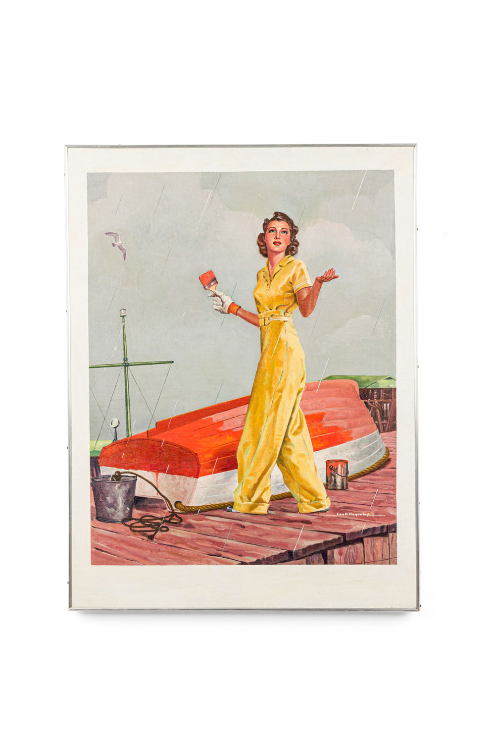 Mid century american oil painting portrait of a woman painting a boat