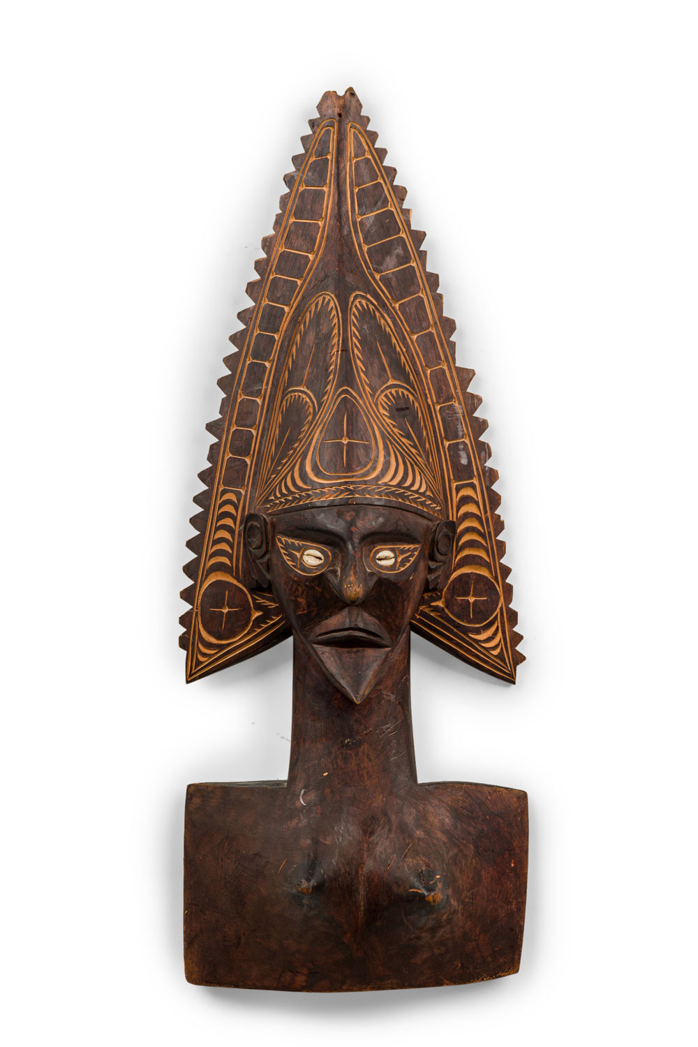 Papua new guinean carved wood and cowrie shell mask figure