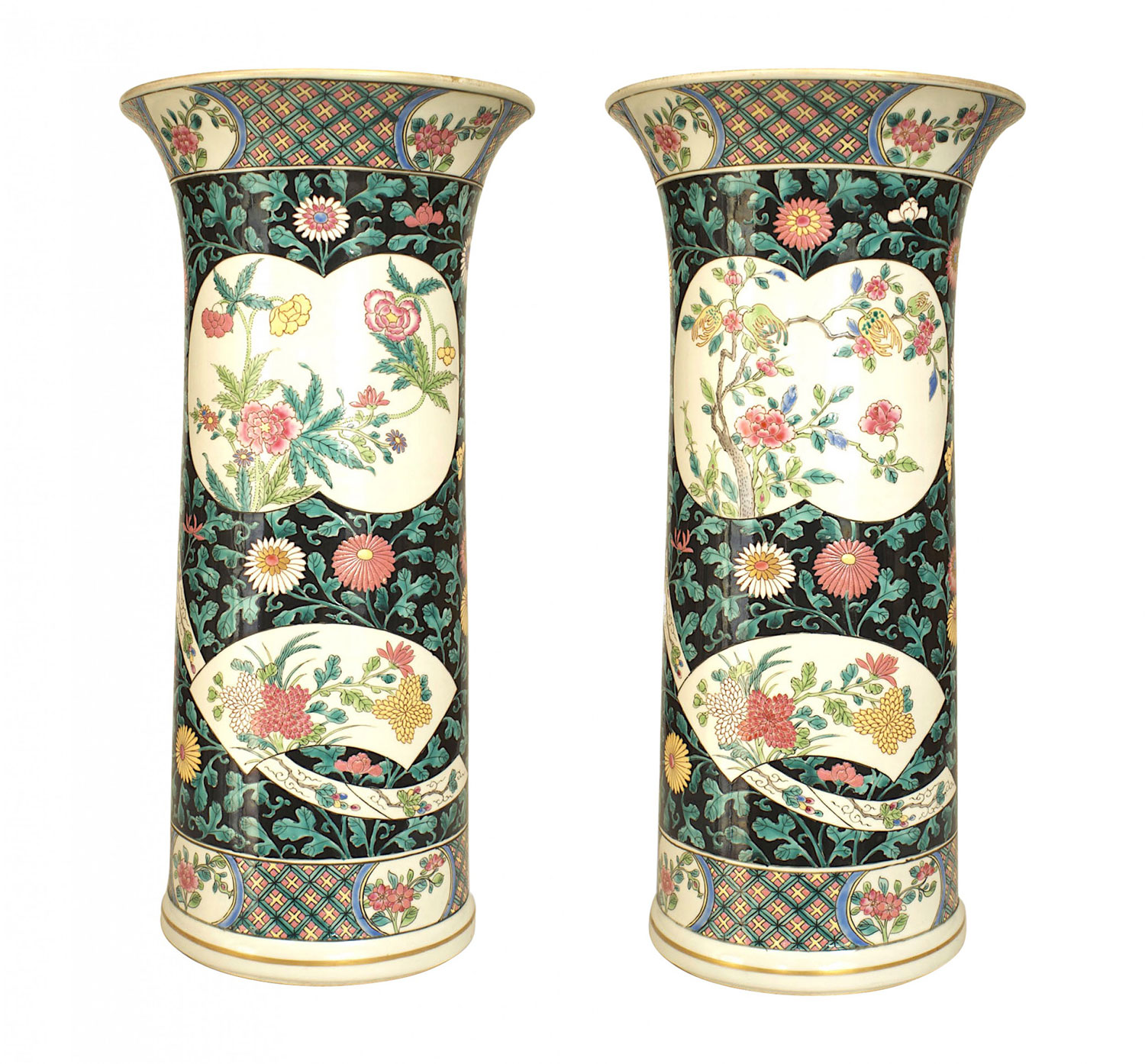 Pair of chinese style black and white floral vases
