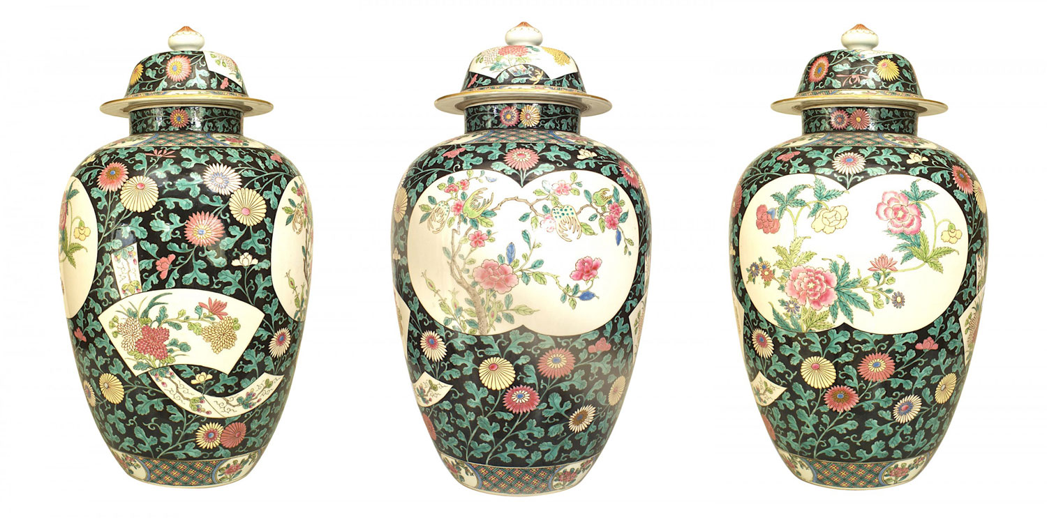 Set of 3 chinese style black and white porcelain temple jars 1