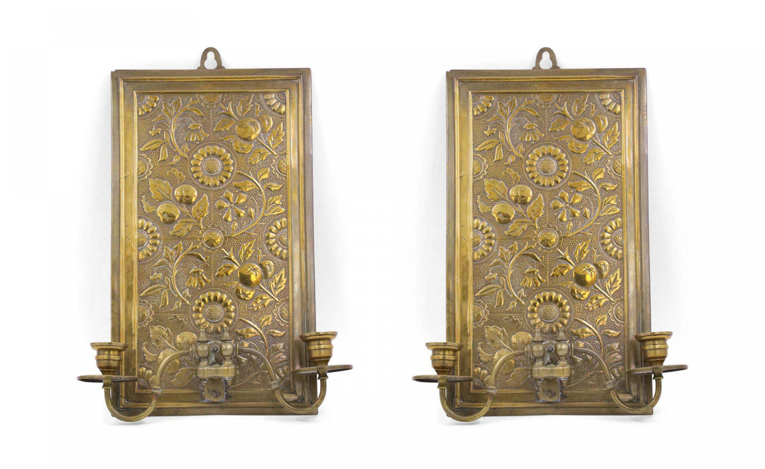 English arts crafts embossed brass wall sconces