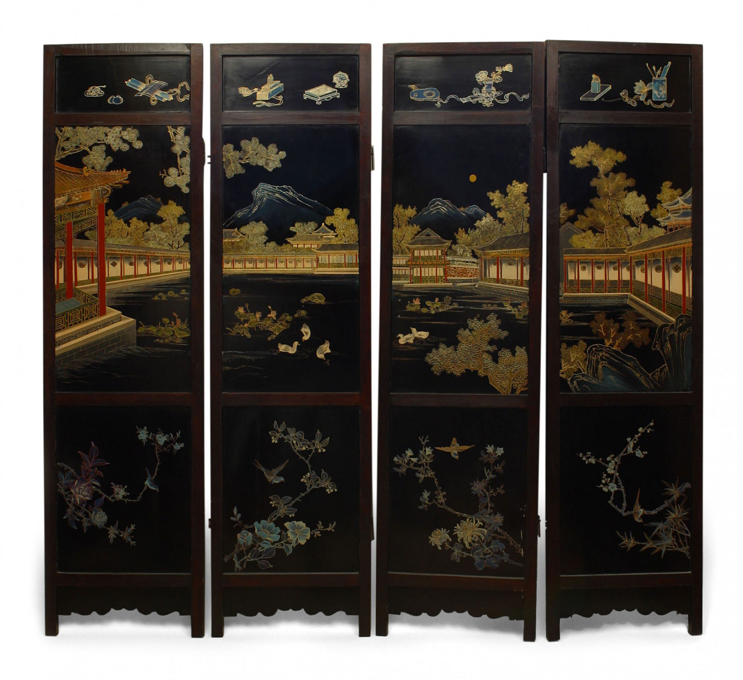 Chinese polychrome 4 fold screen