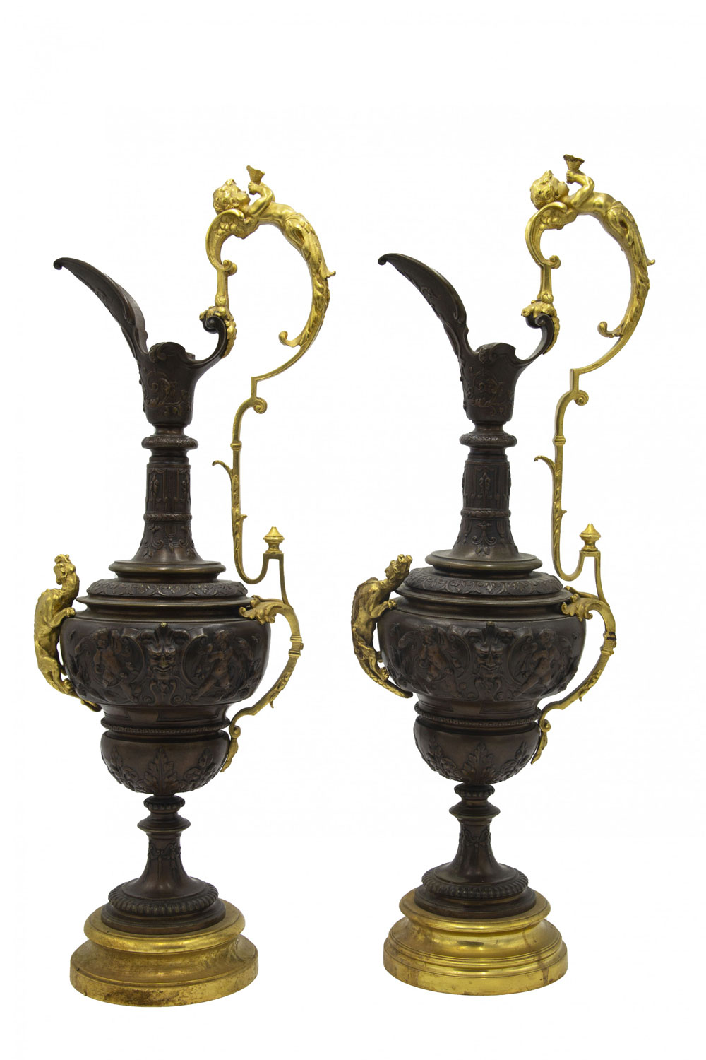 Pair of french victorian bronze and gilt ewers