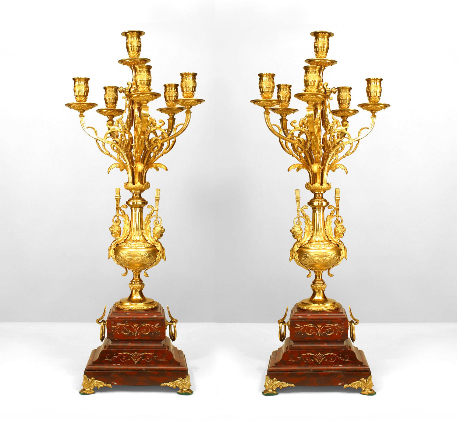 Pair of french victorian rouge marble candelabra