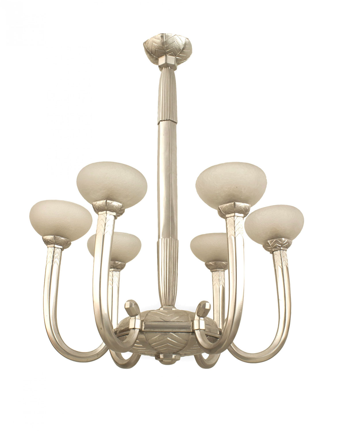 French art deco bronze and etched glass chandelier