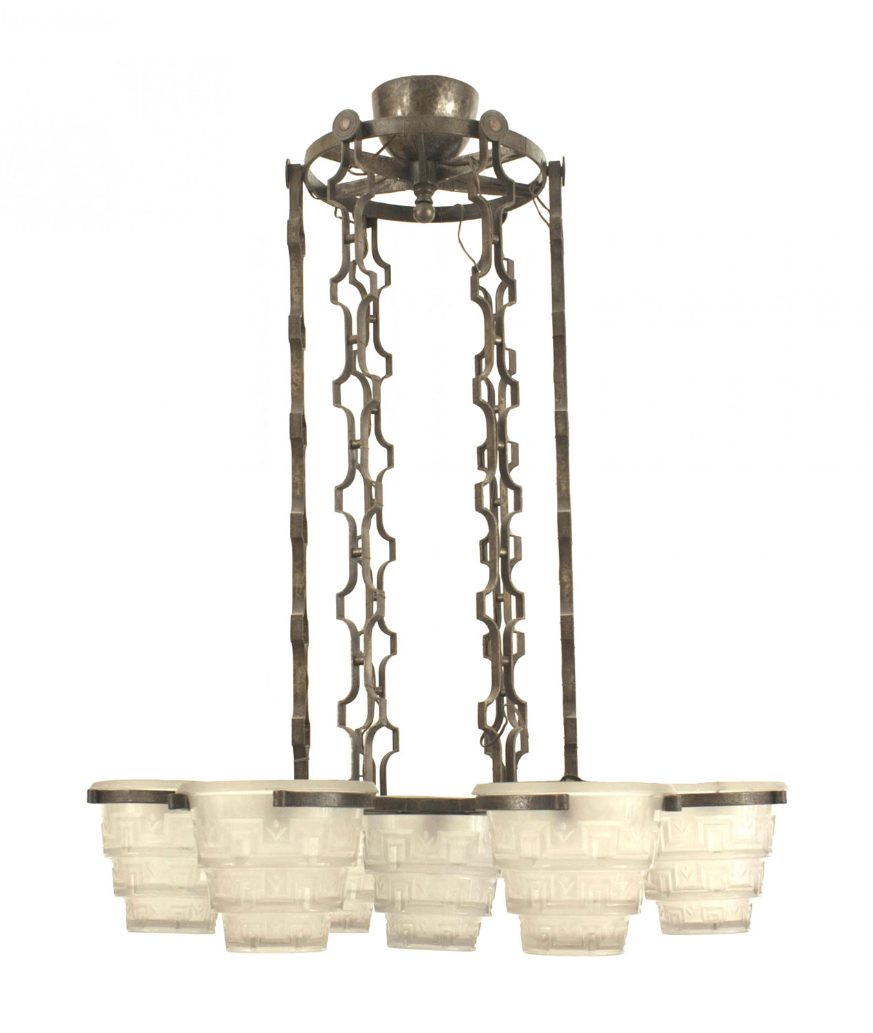 French art deco brandt wrought iron and glass chandelier