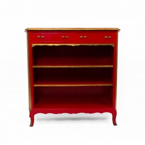 French Louis XV Style red lacquered gilt trimmed bookcase