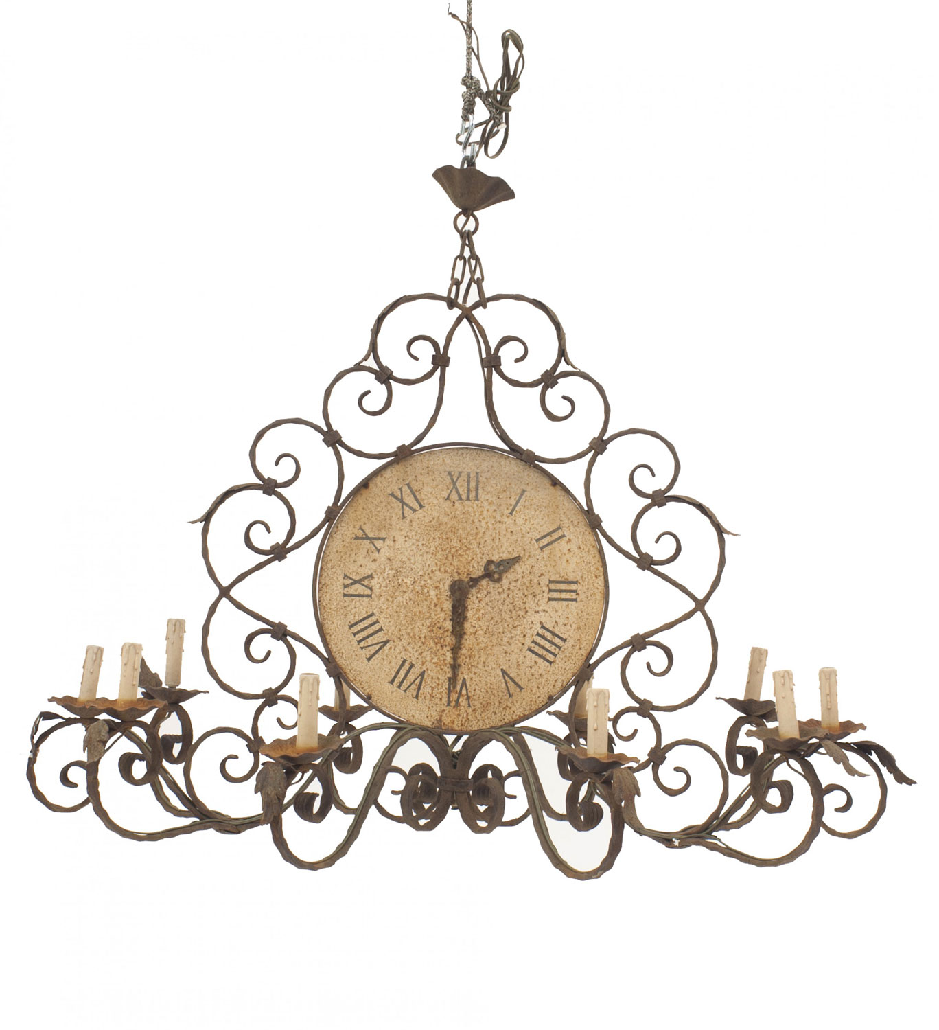English country rustic iron clock face chandelier 1