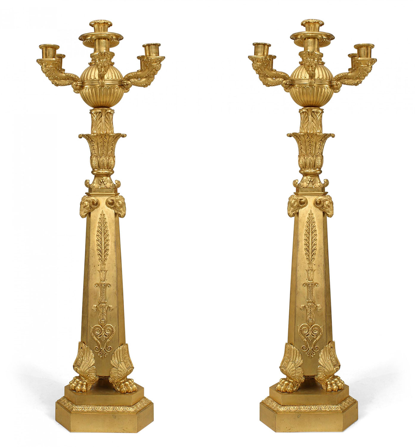 French empire bronze dore ram head candelabras