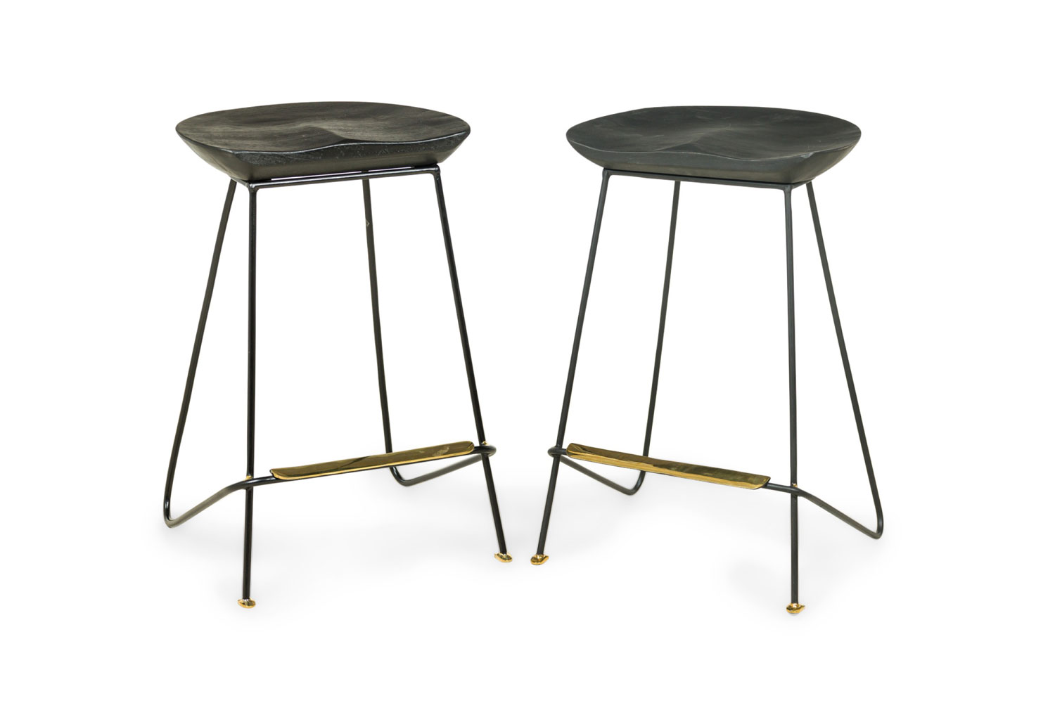 Contemporary modern ebonized wood and polished bronze stools