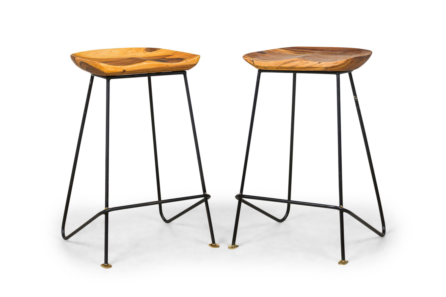 Set of contemporary modern natural wood and bronze stools